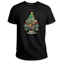 Black t-shirt with book-tree graphic and 'Merry Bookmas' print