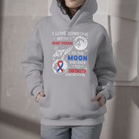 Light gray pullover hoodie with heart disease moon and infinity graphic