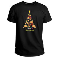 Black T-shirt with colorful Christmas tree graphic and “MERRY TACOMAS” text