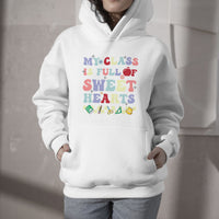 White teacher hoodie with colorful 'Sweet Hearts' chest graphic, hood and front pouch pocket