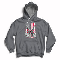 Charcoal pullover hoodie with patriotic graphic and white drawstrings, front pouch pocket