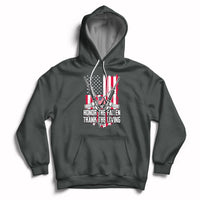 Dark gray pullover hoodie with patriotic graphic and white drawstrings, front pouch pocket