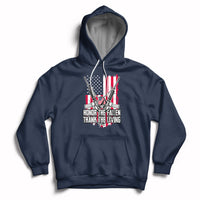 Navy pullover hoodie with patriotic graphic and white drawstrings, front pouch pocket
