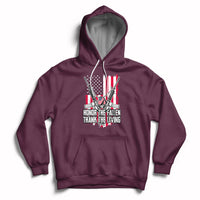 Maroon pullover hoodie with patriotic graphic and white drawstrings, front pouch pocket