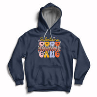 Navy pullover hoodie with front graphic, kangaroo pocket, hood and white drawstrings.