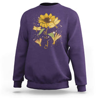 Purple adult crewneck sweatshirt with sunflower and dragonfly graphic
