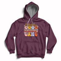 Deep purple pullover hoodie with front graphic, kangaroo pocket, hood and white drawstrings.