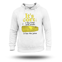 White pullover hoodie with yellow corn text and graphic on the chest