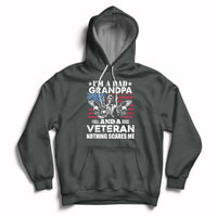 Charcoal gray veteran pride hoodie with chest graphic, front pocket, and drawstring hood
