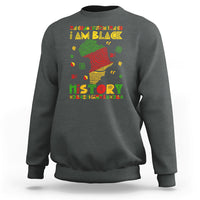 Dark heather gray crewneck sweatshirt with “I AM BLACK” and “HISTORY” colorful portrait graphic
