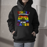 Black hoodie with hood up and colorful gamer controller graphic on front