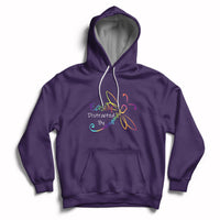 Purple hoodie with front pocket and colorful dragonfly graphic, pullover drawstring hood