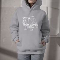 Light gray bulldog graphic hoodie with front text print, pullover hood and kangaroo pocket