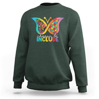 Forest green crewneck sweatshirt with colorful butterfly “choose to INCLUDE” graphic on chest