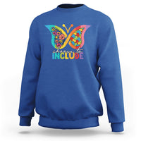 Royal blue crewneck sweatshirt with colorful butterfly “choose to INCLUDE” graphic on chest