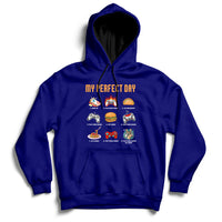 Navy blue gaming hoodie with drawstring hood, front pocket, and colorful game character graphic.