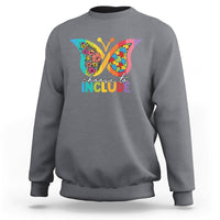 Charcoal gray crewneck sweatshirt with colorful butterfly “choose to INCLUDE” graphic on chest