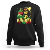 Black crewneck sweatshirt with colorful “I AM Black HISTORY” pride graphic.