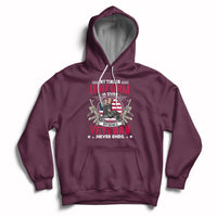 Maroon pullover hoodie with veteran graphic on the chest