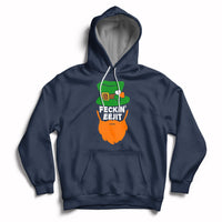 Navy hoodie with front pouch pocket, drawstring hood, and “FECKIN EEJIT” shamrock graphic.