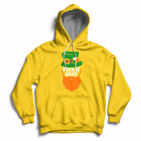 Bright yellow hoodie with front pouch pocket, drawstring hood, and “FECKIN EEJIT” shamrock graphic.