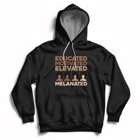Black pullover hoodie with front graphic text and people motif, kangaroo pocket.