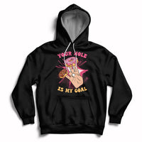 Black adult joke hoodie with front graphic and slogan, pullover hood with drawstring