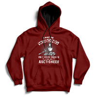 Maroon auctioneer hoodie with front hood and front-center auctioneer lettering graphic
