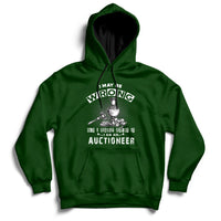 Forest green auctioneer hoodie with front hood and front-center auctioneer lettering graphic