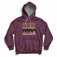 Maroon pullover hoodie with front graphic text and people motif, kangaroo pocket.
