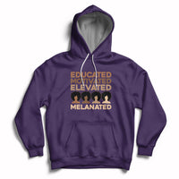 Purple pullover hoodie with front graphic text, kangaroo pocket, and drawstring hood.