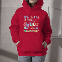 Red pullover teacher hoodie with colorful 'Sweet Hearts' chest graphic, hood & kangaroo pocket