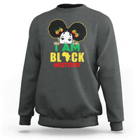 Kids' dark gray sweatshirt with front graphic of girl and text “I AM BLACK HISTORY”