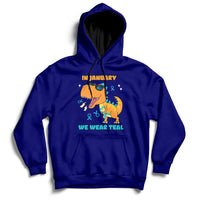 Dark blue hoodie with kangaroo pocket, hood, and chest “IN JANUARY” “WE WEAR TEAL” graphic