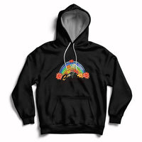 Black pullover hoodie with hood, kangaroo pocket, and rainbow graphic front.