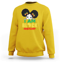 Kids' yellow sweatshirt with front graphic of girl and text “I AM BLACK HISTORY”