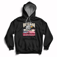 Black pullover hoodie with front pocket and patriotic veteran graphic, hood with white drawstrings.