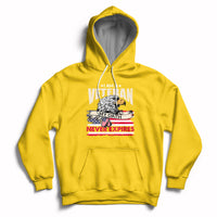 Daisy yellow pullover hoodie with front pocket and patriotic veteran graphic, hood with white drawstrings.