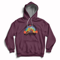 Maroon pullover hoodie with hood, kangaroo pocket, and rainbow graphic front.