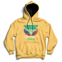 Yellow pullover hoodie with front text graphic and kangaroo pocket, ribbed cuffs