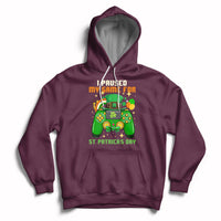 Maroon pullover hoodie with hood and front pocket, St. Patrick's Day gaming graphic