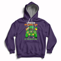 Purple pullover hoodie with hood and front pocket, gaming graphic for St. Patrick's Day