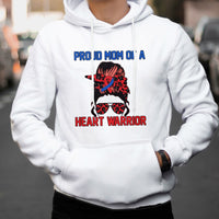 White hoodie with “Heart Warrior” heart-defect awareness graphic on the chest