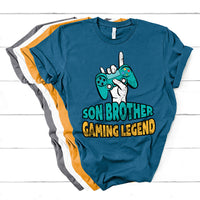 Blue boys gaming T-shirt with controller graphic and 'Son Brother Gaming Legend' text.
