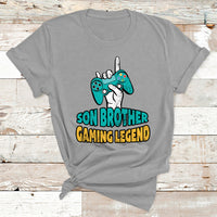 Gray boys gaming T-shirt with controller graphic and 'Son Brother Gaming Legend' text.