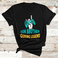 Black boys gaming T-shirt with controller graphic and 'Son Brother Gaming Legend' text.