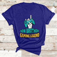Navy boys gaming T-shirt with controller graphic and 'Son Brother Gaming Legend' text.