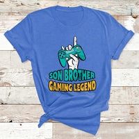 Royal blue boys gaming T-shirt with controller graphic and 'Son Brother Gaming Legend' text.