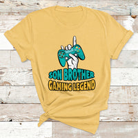 Yellow boys gaming T-shirt with controller graphic and 'Son Brother Gaming Legend' text.