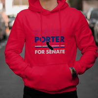 Bright red hoodie with hood, front pouch, and "KATIE PORTER FOR SENATE" graphic